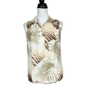 Jamison Neutral Tan Leaf Foliage Print 100% Silk Popover Sleeveless Blouse